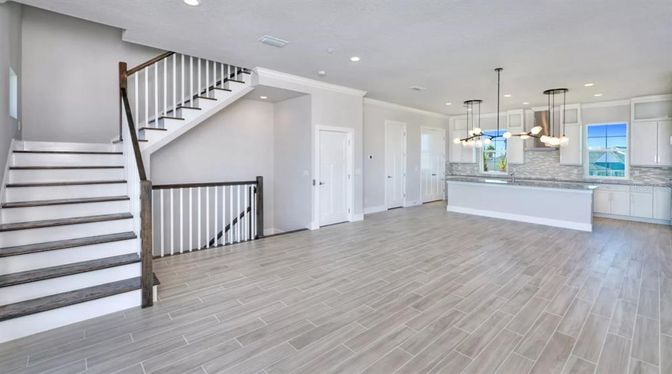 Interior, Kitchen, Pendant Lights, Recessed Lighting, Wood Texture Flooring