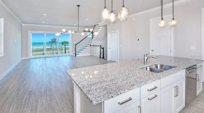 Interior, Kitchen, Pendant Lights, Recessed Lighting, Water, Wood Texture Flooring