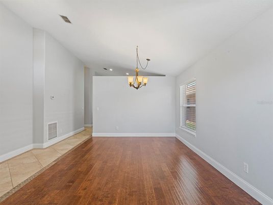 Chandelier, Empty room, Interior, Pendant Lights, Recessed Lighting, Wood Texture Flooring