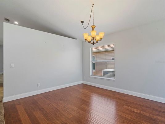 Chandelier, Empty room, Interior, Recessed Lighting, Wood Texture Flooring
