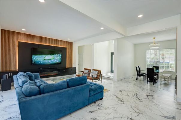 Dining room, Interior, Living room, Marble, Pendant Lights, Recessed Lighting