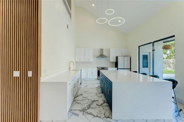 Interior, Kitchen, Marble, Pendant Lights, Recessed Lighting, Stainless Steel Appliances