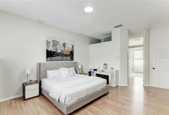Bedroom, Interior, Recessed Lighting, Wood Texture Flooring