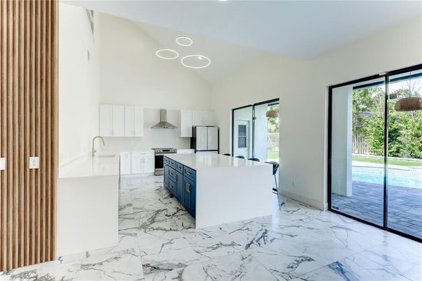 Interior, Kitchen, Marble, Pendant Lights, Recessed Lighting, Stainless Steel Appliances