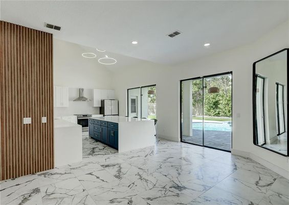 Interior, Kitchen, Marble, Recessed Lighting, Stainless Steel Appliances