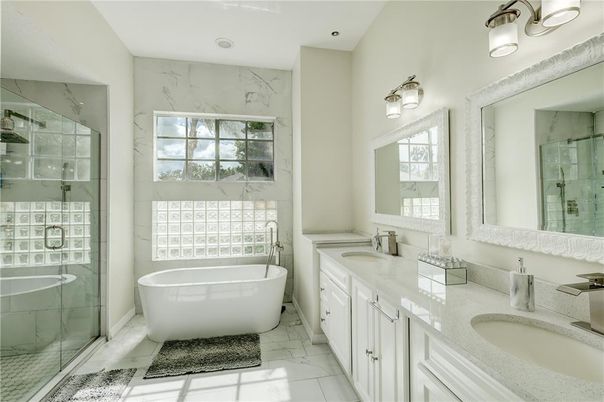 Bathroom, Dual Sink Vanities, Free Standing Baths, Glass Shower, Interior, Marble, Marble Walls