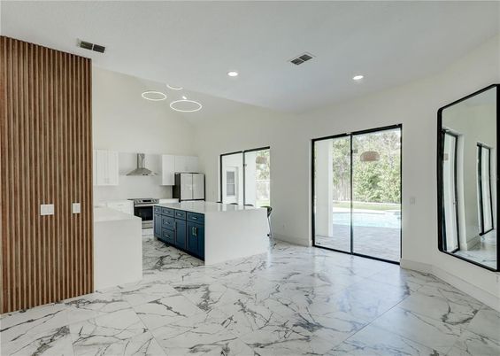 Interior, Kitchen, Marble, Recessed Lighting, Stainless Steel Appliances