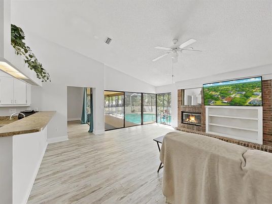 Fireplace, Interior, Living room, Stone Walls, Wood Texture Flooring