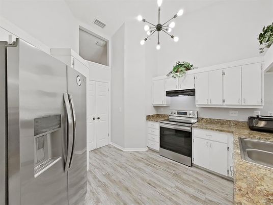 Interior, Kitchen, Pendant Lights, Stainless Steel Appliances, Wood Texture Flooring