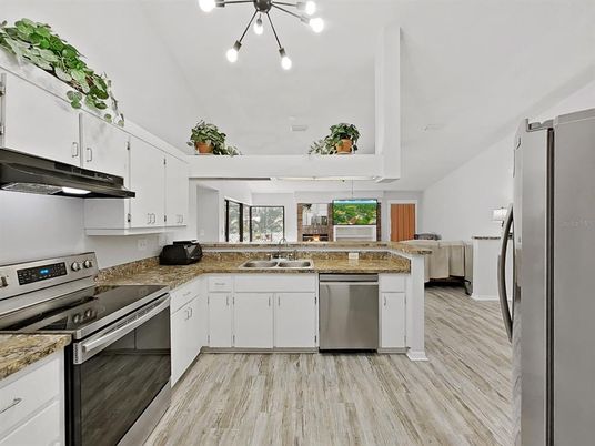 Interior, Kitchen, Pendant Lights, Stainless Steel Appliances, Wood Texture Flooring