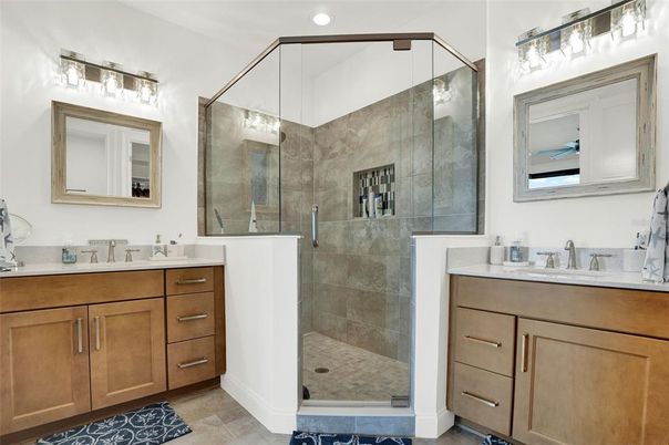 Bathroom, Dual Sink Vanities, Glass Shower, Interior, Recessed Lighting