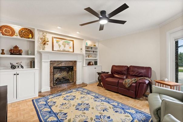 Fireplace, Interior, Recessed Lighting, Wood Texture Flooring