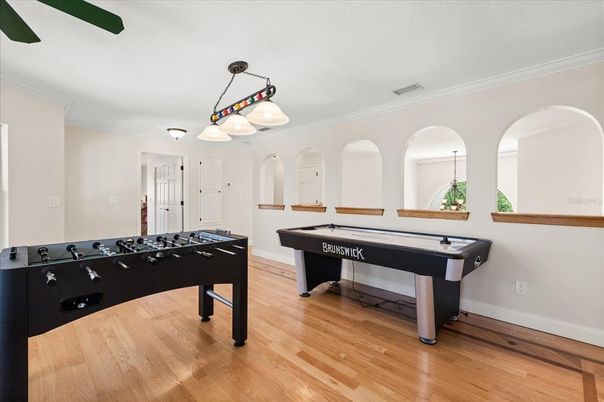 Billiard Table, Chandelier, Game Room, Interior, Wood Texture Flooring
