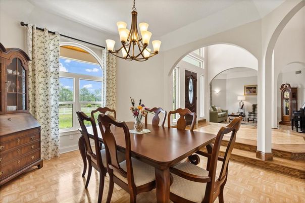 Chandelier, Dining room, Interior, Wood Texture Flooring