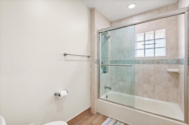Bathroom, Glass Shower, Interior, Recessed Lighting, Wood Texture Flooring