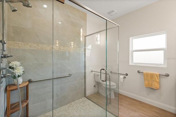 Bathroom, Glass Shower, Interior, Wood Texture Flooring