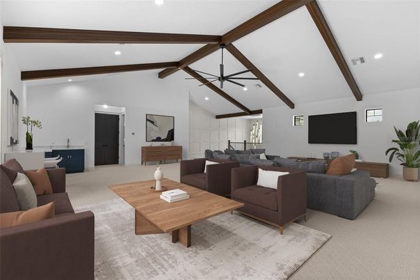 Interior, Living room, Pendant Lights, Recessed Lighting, Wooden Beams
