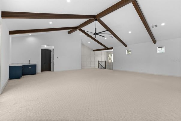 Empty room, Interior, Pendant Lights, Recessed Lighting, Wooden Beams