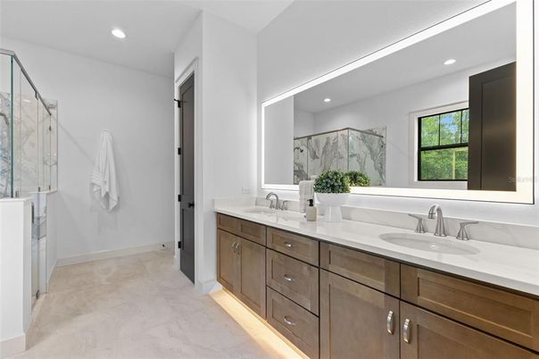Bathroom, Dual Sink Vanities, Glass Shower, Interior, Marble, Recessed Lighting