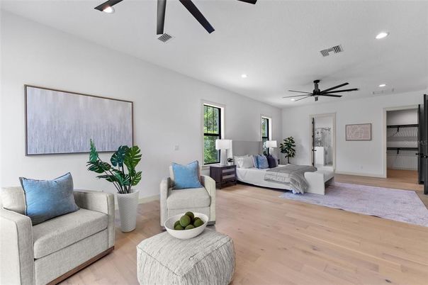 Bedroom, Interior, Recessed Lighting, Wood Texture Flooring