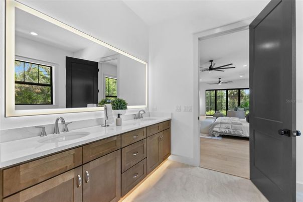 Bathroom, Bedroom, Dual Sink Vanities, Interior, Marble, Recessed Lighting, Wood Texture Flooring