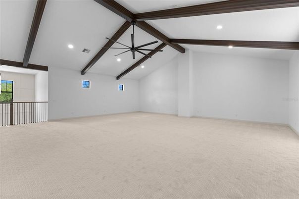 Empty room, Interior, Pendant Lights, Recessed Lighting, Wooden Beams