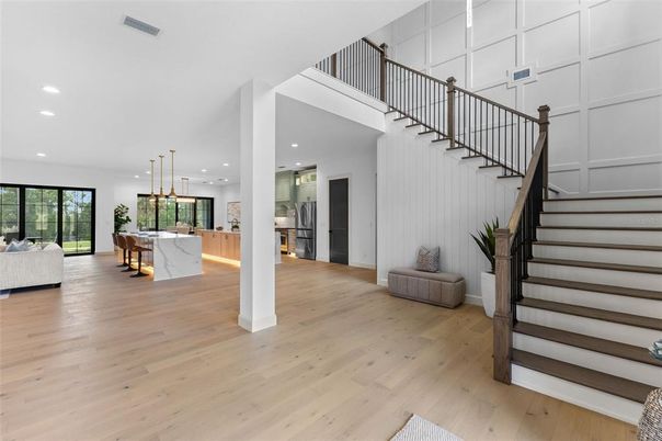 Interior, Kitchen, Marble Walls, Pendant Lights, Recessed Lighting, Wood Texture Flooring