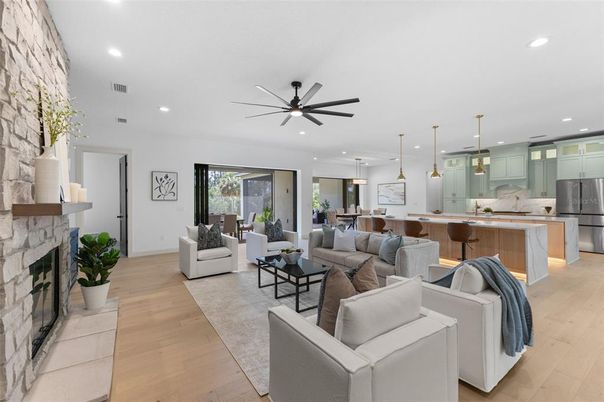 Fireplace, Interior, Kitchen, Living room, Pendant Lights, Recessed Lighting, Wood Texture Flooring