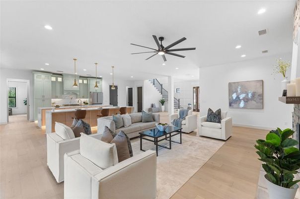 Interior, Living room, Pendant Lights, Recessed Lighting, Wood Texture Flooring