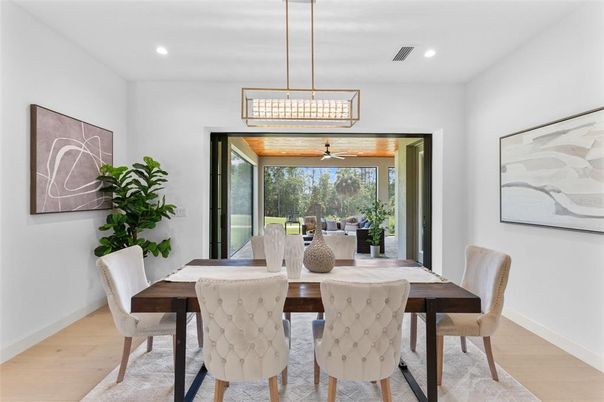 Dining room, Interior, Pendant Lights, Recessed Lighting, Wood Texture Flooring