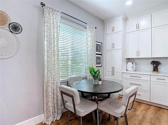 Dining room, Interior, Recessed Lighting, Wood Texture Flooring