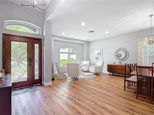 Dining room, Interior, Living room, Pendant Lights, Recessed Lighting, Wood Texture Flooring