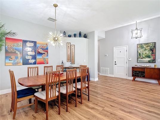 Dining room, Interior, Pendant Lights, Wood Texture Flooring