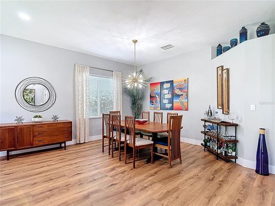 Dining room, Interior, Pendant Lights, Recessed Lighting, Wood Texture Flooring
