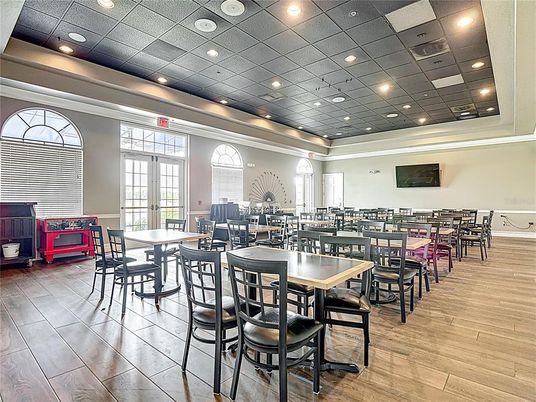 Dining room, Interior, Recessed Lighting, Wood Texture Flooring