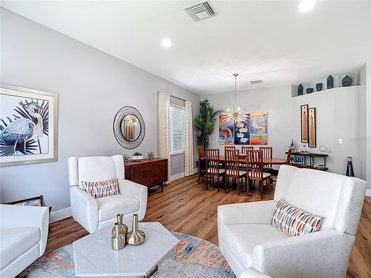 Dining room, Interior, Living room, Pendant Lights, Recessed Lighting, Wood Texture Flooring