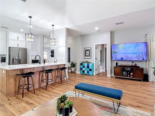 Interior, Kitchen, Pendant Lights, Recessed Lighting, Wood Texture Flooring