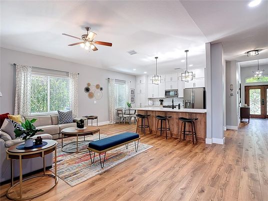 Dining room, Interior, Kitchen, Living room, Pendant Lights, Recessed Lighting, Wood Texture Flooring