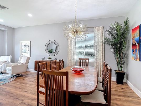 Dining room, Interior, Pendant Lights, Recessed Lighting, Wood Texture Flooring