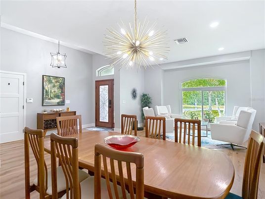 Dining room, Interior, Pendant Lights, Recessed Lighting, Wood Texture Flooring