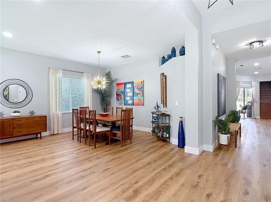 Dining room, Interior, Pendant Lights, Recessed Lighting, Wood Texture Flooring