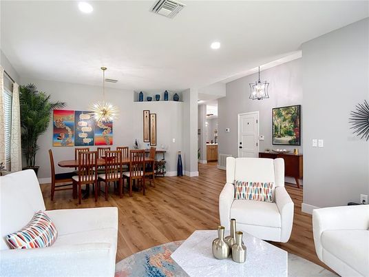 Dining room, Interior, Living room, Pendant Lights, Recessed Lighting, Wood Texture Flooring