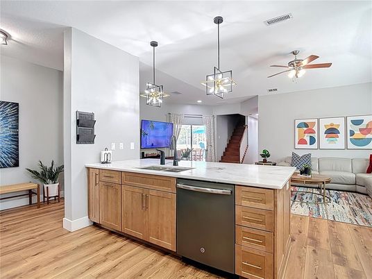 Interior, Kitchen, Living room, Pendant Lights, Recessed Lighting, Wood Texture Flooring