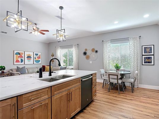 Dining room, Interior, Kitchen, Pendant Lights, Recessed Lighting, Wood Texture Flooring