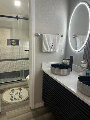 Bathroom, Glass Shower, Interior, Wood Texture Flooring