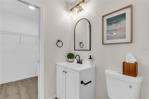 Bathroom, Interior, Recessed Lighting, Walk-in Closets, Wood Texture Flooring