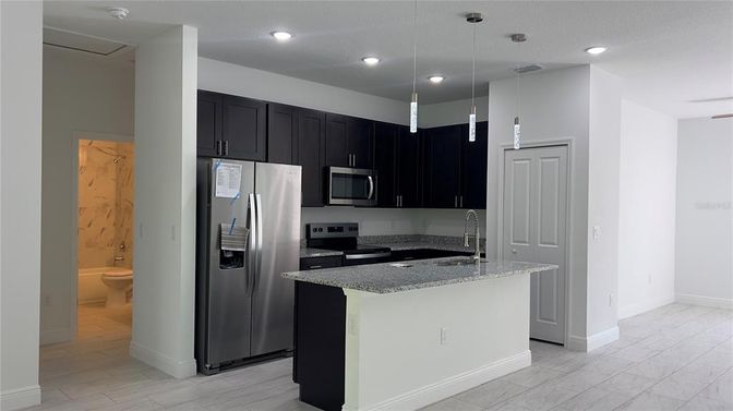 Interior, Kitchen, Marble, Pendant Lights, Recessed Lighting, Stainless Steel Appliances