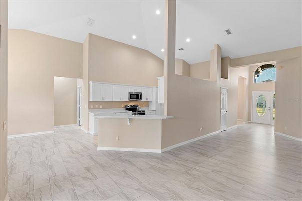 Interior, Kitchen, Marble, Recessed Lighting, Stainless Steel Appliances, Wood Texture Flooring