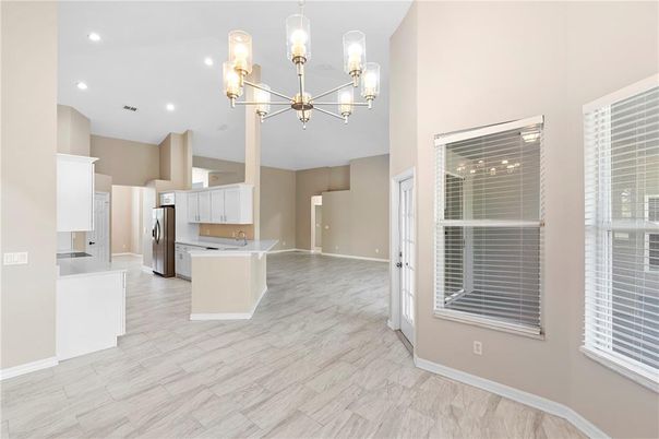 Chandelier, Interior, Kitchen, Pendant Lights, Recessed Lighting, Wood Texture Flooring