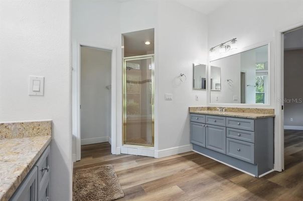 Bathroom, Glass Shower, Interior, Recessed Lighting, Wood Texture Flooring